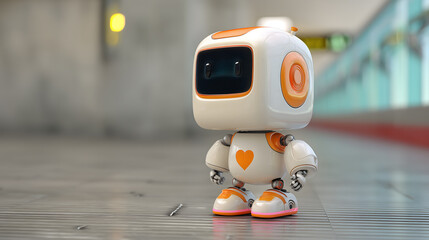 3D illustration of a cute smiling robot with a glossy and metal. The robot has a cheerful expression, large round eyes, and a futuristic design