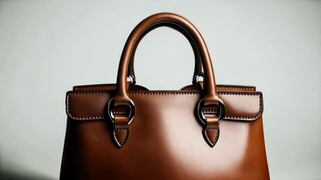 Elegant brown leather handbag on a neutral background featuring metallic silver hardware, clean stitching, and a classic design for luxury and fashion.
