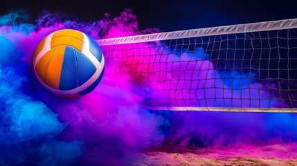 A volleyball is in the air with smoke surrounding it. The ball is pink and black. The smoke is purple and blue