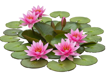  Pink water lilies with green lily pads on transparent background