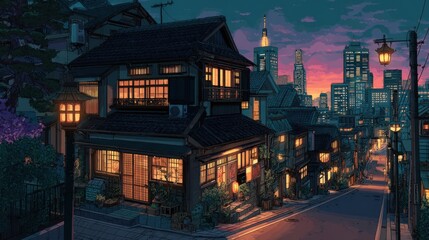 A stunning image of beautiful japanese tokyo city town in the evening. houses at the street. anime comics artstyle. cozy lofi asian architecture.