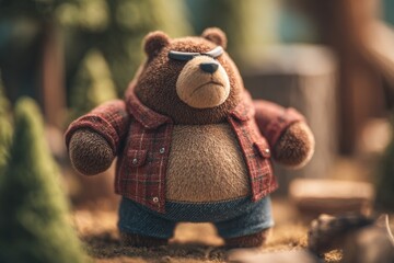 An Angry bear with an intense expression wearing a red plaid shirt and jean shorts stands in a forest with an enraged stare, conveying a sense of toughness.