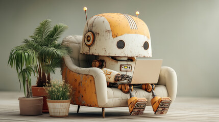 a cute humanoid robot sitting in a modern armchair, working on a laptop, 3D illustration, high detail