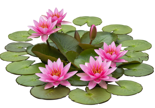  Pink water lilies with green lily pads on transparent background