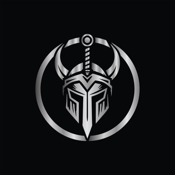 Viking Helmet  with Sword Vector Logo Template