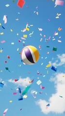 Obraz premium A yellow and purple beach ball is in the air with confetti falling around it. The confetti is in various colors and shapes
