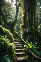 Naklejka premium Stone staircase winding through lush green jungle, suitable for nature themed designs, travel publications, adventure websites, and tropical destination promotions.