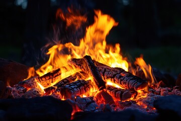 Close-up of campfire flames at night in darkness