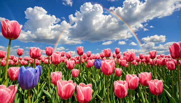 Le champ de tulipes sous le ciel bleu