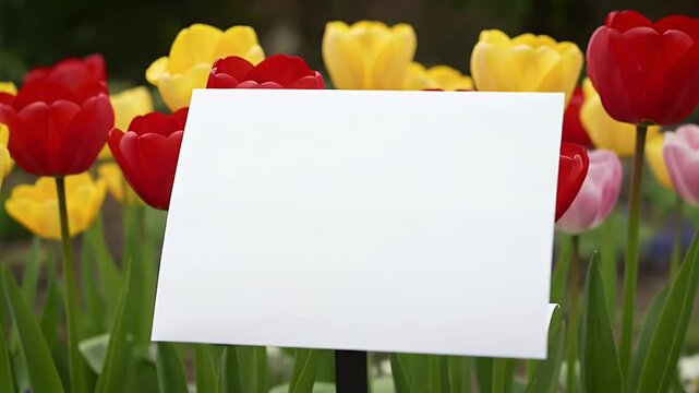 Blank sign in a flower garden