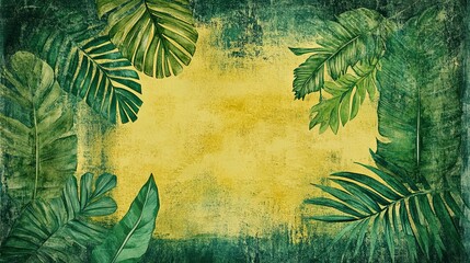 Exotic foliage with textural interplay of green and golden yellow watercolor background