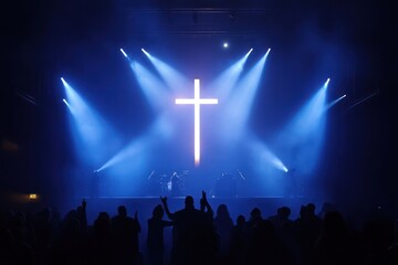 Christian rock concert with glowing cross on stage