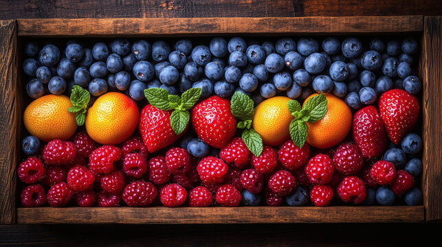 Fresh Colorful Berries and Citrus Fruits in Wooden Tray