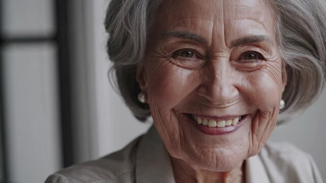 Senior woman's emotional journey revealing nuanced facial expressions, transitioning from pensive contemplation to radiant cheerfulness against soft indoor background