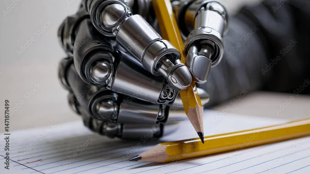 Poster metallic robotic hand precisely grasping yellow pencil while writing on lined paper, demonstrating a