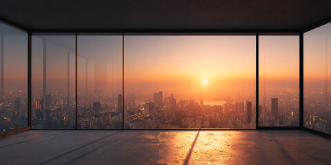 Empty room with panoramic city sunset view through large windows, showcasing vast urban landscape bathed in warm light, ideal for business or real estate presentations