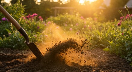 Golden Hour Gardening - Shovel digging soil at sunset, golden light illuminating dust and flowers. Peaceful gardening scene