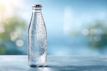 A clear glass bottle filled with sparkling mineral water stands elegantly on a blue table, backlit by a soft, natural background, creating a refreshing and inviting scene.