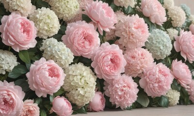 Pastel pink roses, peonies & hydrangeas, vintage floral wall backdrop,  floral arrangement,  romantic