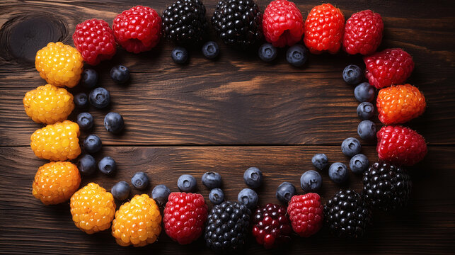 Assorted Berries in Oval Frame on Dark Wooden Background