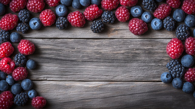 Top view of fresh raspberries and blueberries arranged with mint leaves on a dark wooden background