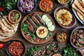 Diverse array of flavorful dishes, showcasing various cuisines.  Grilled meats, vibrant salads, flavorful sauces, and aromatic grains are featured