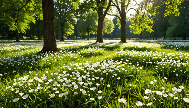 Le printemps &eacute;clate dans un pr&eacute; verdoyant