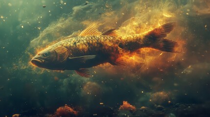 Fiery fish swimming in a murky underwater scene.