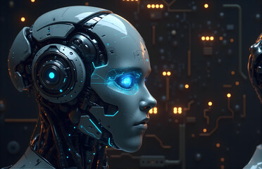 High - Tech Robot Head in Futuristic Setting