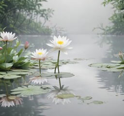 Subtle watercolor water lilies, serene garden scene, white backdrop, water color, watercolour