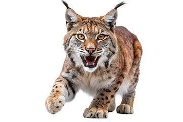 Obraz premium Aggressive lynx stalking forward isolated on black background wildlife portrait, lynx, wildcat, cat, animal, predator, wildlife, mammal, feline, isolated, black background, carnivore, hunter, stalking