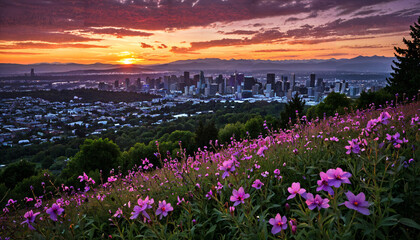 Le crépuscule urbain sous un ciel de feu