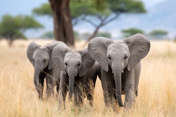 Obraz premium Three baby elephants walk through tall grass with trees in background, cute and cuddly