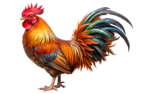 Colorful rooster standing proudly isolated on black background illustration art, rooster, chicken, bird, poultry, farm animal, illustration, isolated, black background, colorful, feathers, red, orange