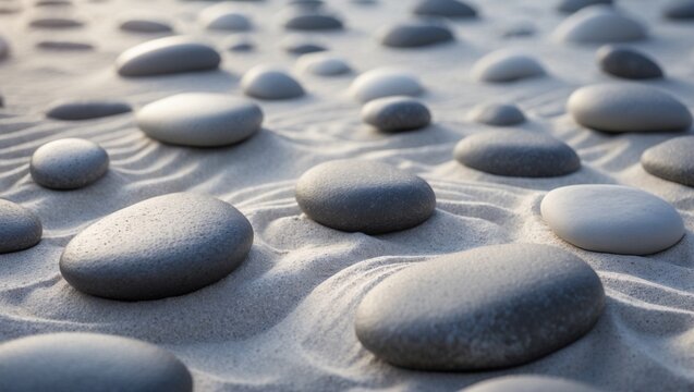 Gray and white stones on white sand ideal for nature backgrounds, spa brochures, relaxation concepts, Zeninspired designs, and scenic wallpapers.