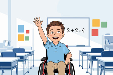 Child in wheelchair excitedly raising hand in classroom