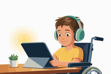 Boy in wheelchair using tablet with headphones indoors