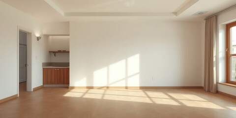 Fototapeta premium Sunlit Empty Room with Hardwood Floor and Minimalist Kitchenette
