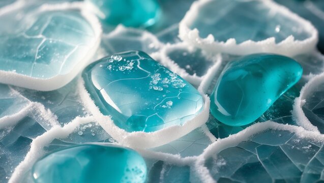 Blue sea glass pieces on a blue surface evoke a serene oceanic atmosphere. Ideal for bea chthemed designs, ecofriendly concepts, or environmental campaigns.