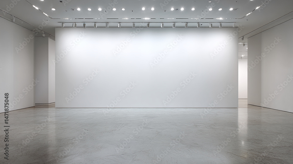 Poster empty white gallery room with polished floor and track lighting, showcasing blank wall space ideal f