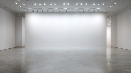 Empty white gallery room with polished floor and track lighting, showcasing blank wall space ideal for art display or advertisement