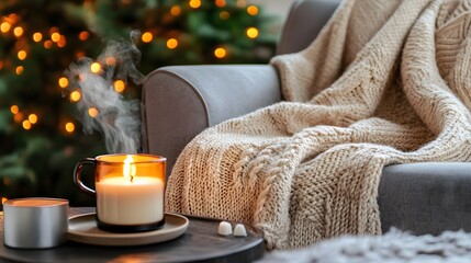Cozy Winter Scene with Candle and Knit Blanket on Armchair