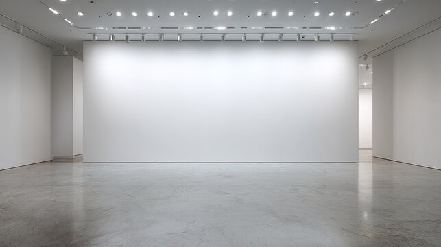 Empty white gallery room with polished floor and track lighting, showcasing blank wall space ideal for art display or advertisement