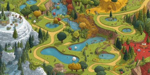 Colorful, stylized landscape design with winding paths.