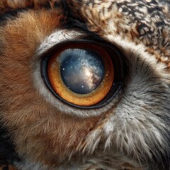 Close-up view of an owl's eye reflecting a cosmic scene.