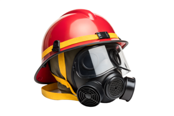 Firefighter helmet and gas mask close up on a black background, firefighter, fireman, helmet, gas mask, safety, protection, rescue, emergency, equipment, uniform, gear, red, yellow, black, isolated