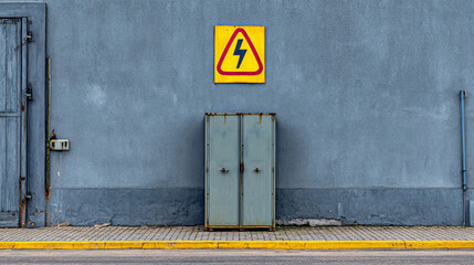 High voltage warning sign on gray metal door of electric substation at power plant, indicating industrial electricity hazard, transformer zone, safety alert and restricted access infrastructure area