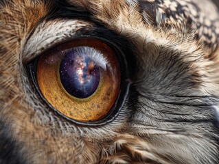 Close-up view of an owl's eye reflecting a cosmic scene.