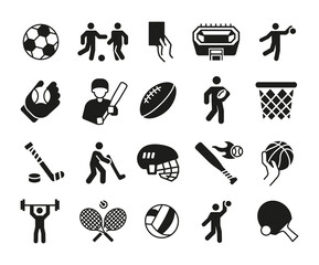 Sports icons. Large set of sports trendy minimal icons. Baseball Bat, Basketball Hoop, Soccer Ball, Tennis Racket icon. Design signs for web page, mobile app, packaging design. Vector illustration.