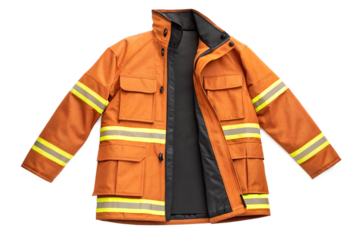 Firefighter jacket protective gear orange coat with reflective stripes isolated, firefighter jacket, fire suit, protective gear, orange jacket, reflective stripes, uniform, coat, safety, professional